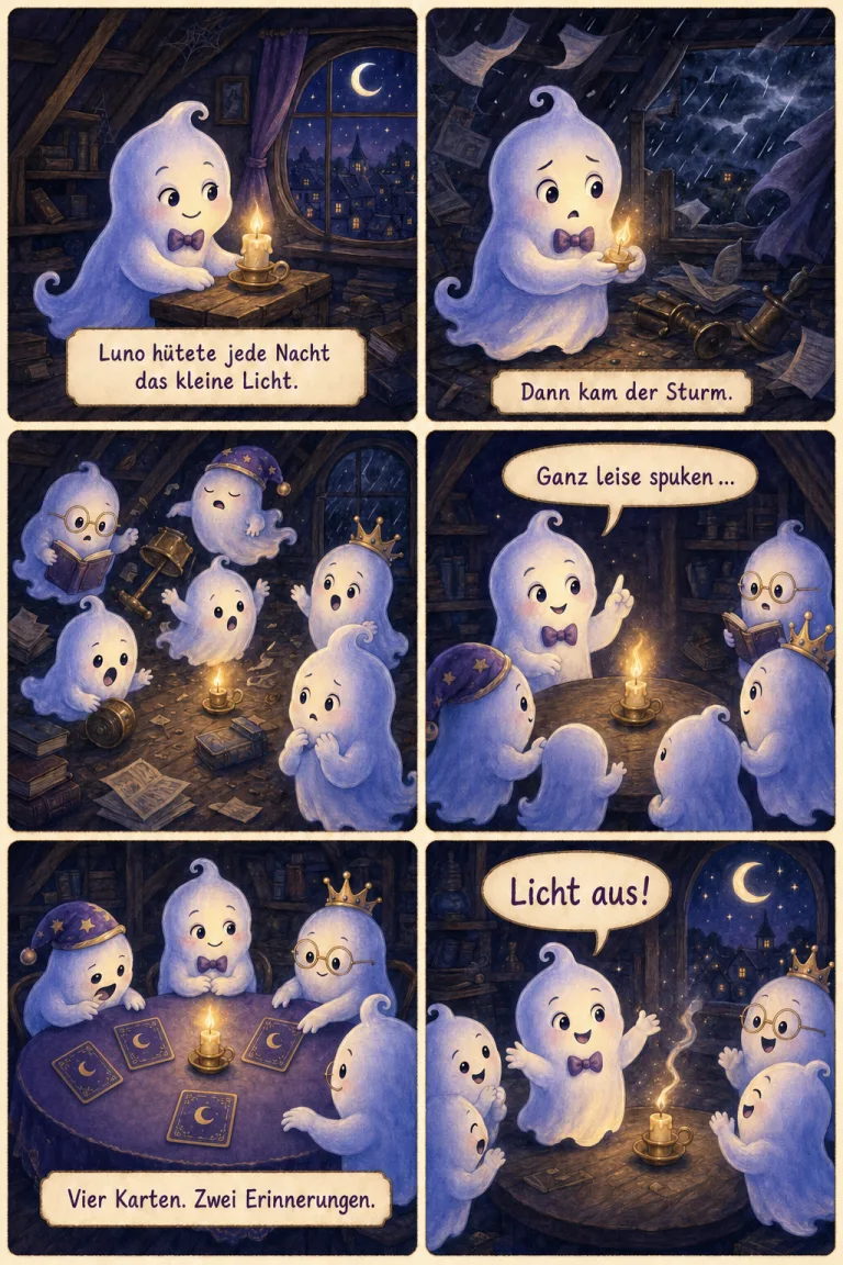 Sechs Bilder erzählen, wie Luno im Sturm das kleine Licht rettet und mit den Gespenstern Nachtlicht spielt.